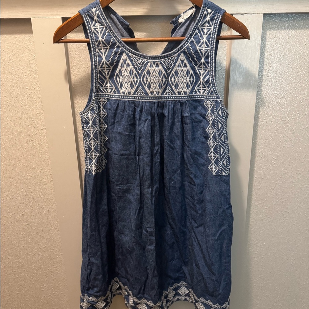Blu Pepper Blue and White Denim Embroidered Mini Dress